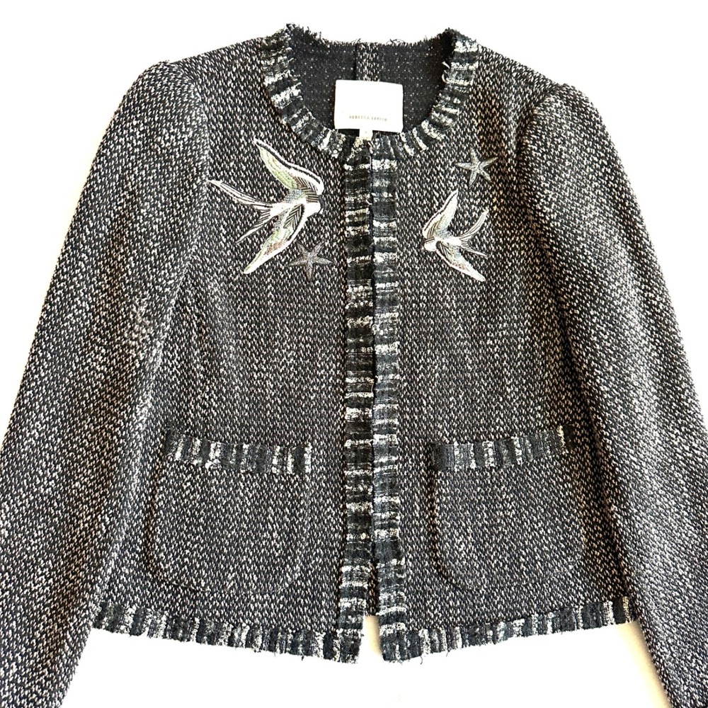 Rebecca Taylor Sz 4 Bird Embroidered Tweed Frayed Raw Hem Jacket Blazer Beaded - Picture 3 of 14